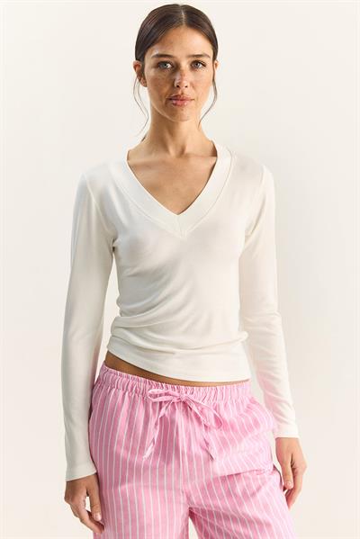 Kadın Cotton V Yaka Bluz 141 60283830 - Beyaz
