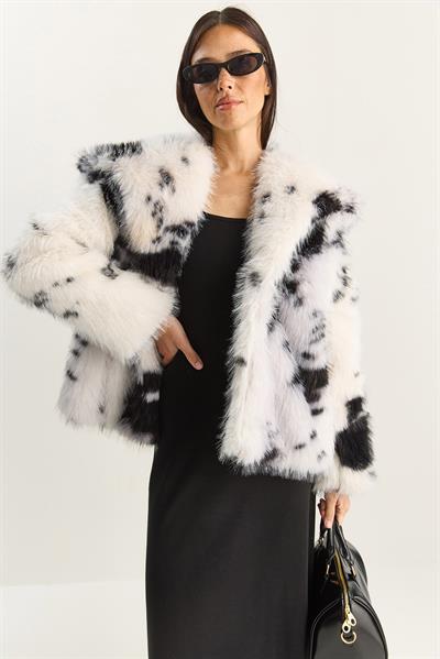 Kadın Cow Desenli Astarlı Suni Kürk Ceket 3489 60283866 - Kemik-Siyah