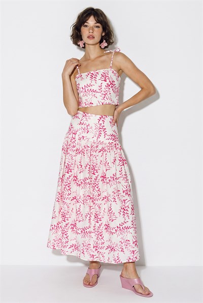 Kadın Crop Bluz Midi Etekli Desenli Keten Alt-Üst Takım 60644 60286425 - Pembe