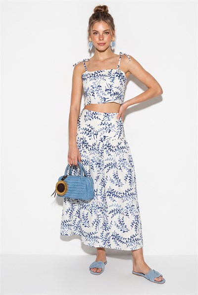 Kadın Crop Bluz Midi Etekli Desenli Keten Alt-Üst Takım 60644 60286425 - Lacivert