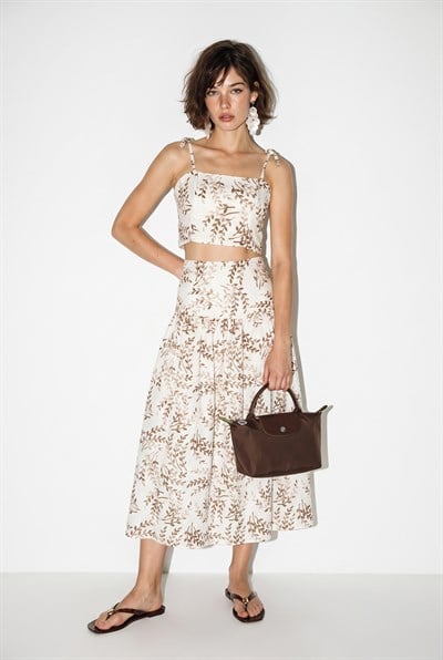 Kadın Crop Bluz Midi Etekli Desenli Keten Alt-Üst Takım 60644 60286425 - Bej
