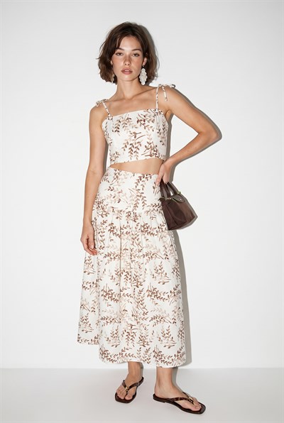 Kadın Crop Bluz Midi Etekli Desenli Keten Alt-Üst Takım 60644 60286425 - Bej