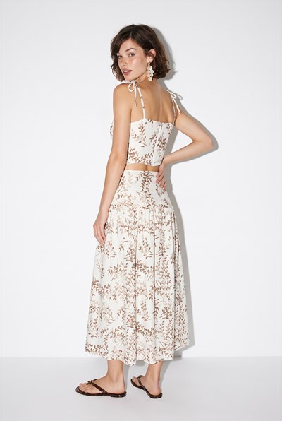 Kadın Crop Bluz Midi Etekli Desenli Keten Alt-Üst Takım 60644 60286425 - Bej