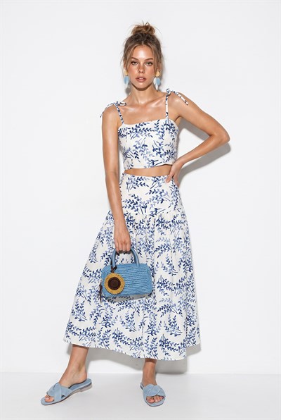 Kadın Crop Bluz Midi Etekli Desenli Keten Alt-Üst Takım 60644 60286425 - Lacivert