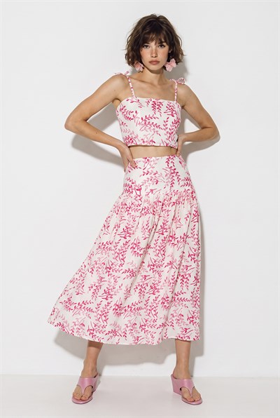 Kadın Crop Bluz Midi Etekli Desenli Keten Alt-Üst Takım 60644 60286425 - Pembe