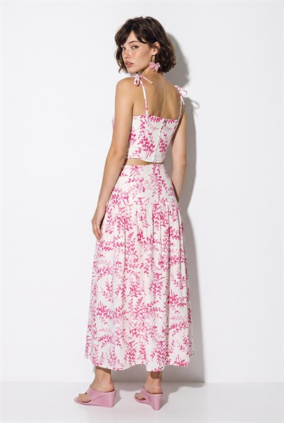 Kadın Crop Bluz Midi Etekli Desenli Keten Alt-Üst Takım 60644 60286425 - Pembe