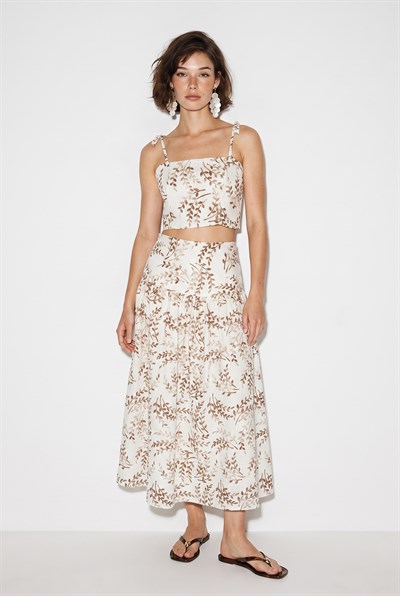 Kadın Crop Bluz Midi Etekli Desenli Keten Alt-Üst Takım 60644 60286425 - Bej