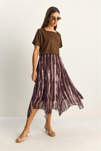 Kadın Crop Tişört Detaylı Astarlı Askılı Şifon Midi Elbise 6135 60286113 - Kahverengi
