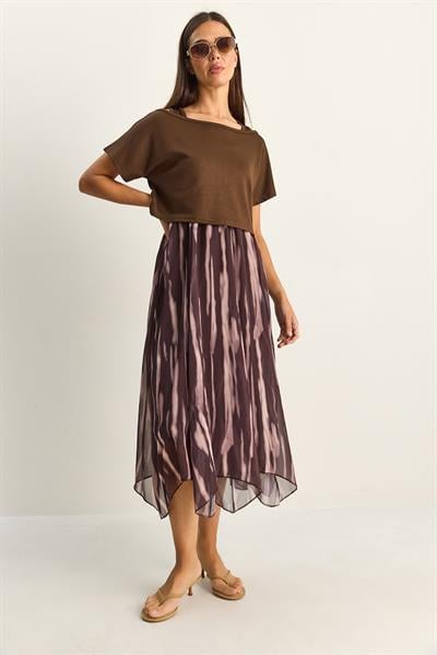 Kadın Crop Tişört Detaylı Astarlı Askılı Şifon Midi Elbise 6135 60286113 - Kahverengi