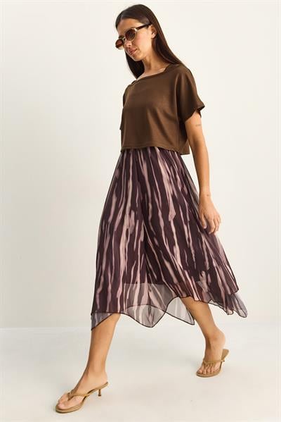 Kadın Crop Tişört Detaylı Astarlı Askılı Şifon Midi Elbise 6135 60286113 - Kahverengi