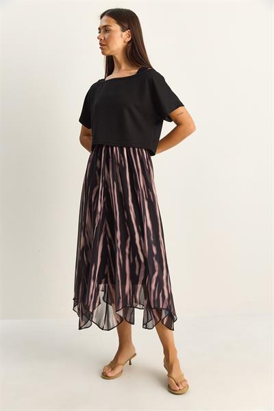 Kadın Crop Tişört Detaylı Astarlı Askılı Şifon Midi Elbise 6135 60286113 - Siyah