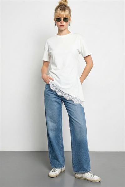 Kadın Dantel Detaylı Asimetrik Kesim Kısa Kollu T-Shirt 1078 60286069 - Beyaz