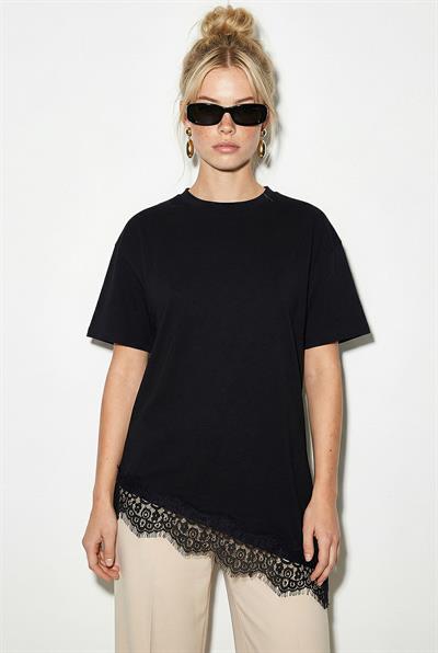 Kadın Dantel Detaylı Asimetrik Kesim Kısa Kollu T-Shirt 1078 60286069 - Siyah