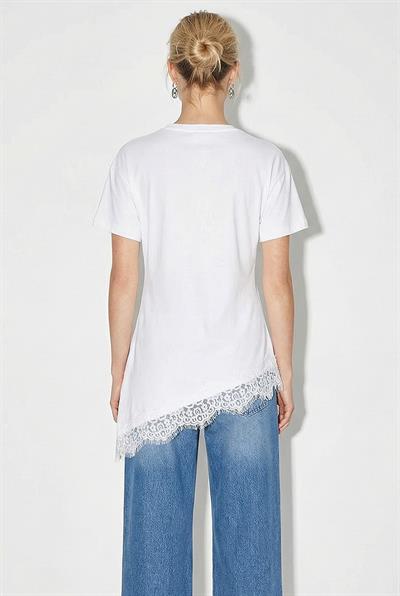 Kadın Dantel Detaylı Asimetrik Kesim Kısa Kollu T-Shirt 1078 60286069 - Beyaz