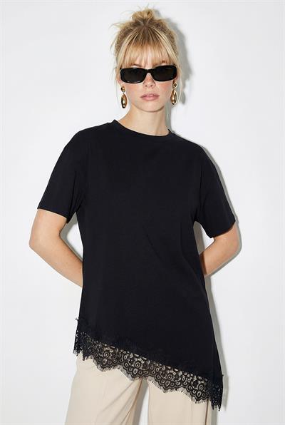 Kadın Dantel Detaylı Asimetrik Kesim Kısa Kollu T-Shirt 1078 60286069 - Siyah