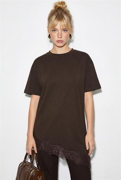 Kadın Dantel Detaylı Asimetrik Kesim Kısa Kollu T-Shirt 1078 60286069 - Acı Kahve