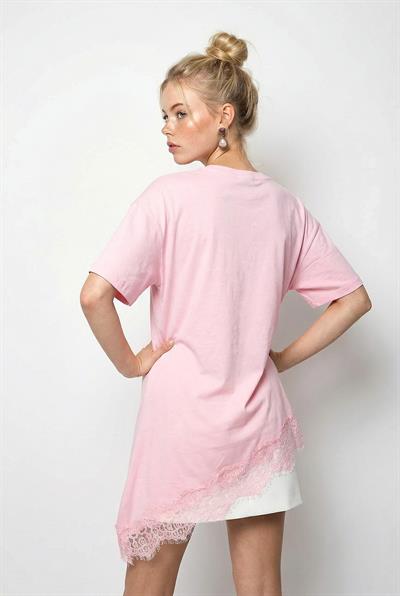 Kadın Dantel Detaylı Asimetrik Kesim Kısa Kollu T-Shirt 1078 60286069 - Pembe