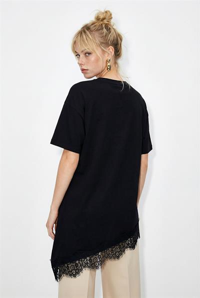 Kadın Dantel Detaylı Asimetrik Kesim Kısa Kollu T-Shirt 1078 60286069 - Siyah