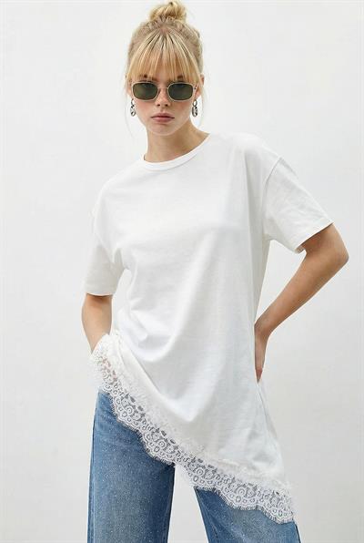 Kadın Dantel Detaylı Asimetrik Kesim Kısa Kollu T-Shirt 1078 60286069 - Beyaz