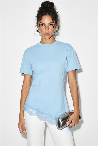 Kadın Dantel Detaylı Asimetrik Kesim Kısa Kollu T-Shirt 1078 60286069 - Bebe Mavisi