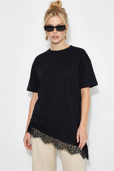 Kadın Dantel Detaylı Asimetrik Kesim Kısa Kollu T-Shirt 1078 60286069 - Siyah