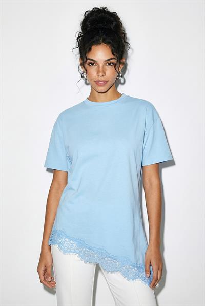 Kadın Dantel Detaylı Asimetrik Kesim Kısa Kollu T-Shirt 1078 60286069 - Bebe Mavisi