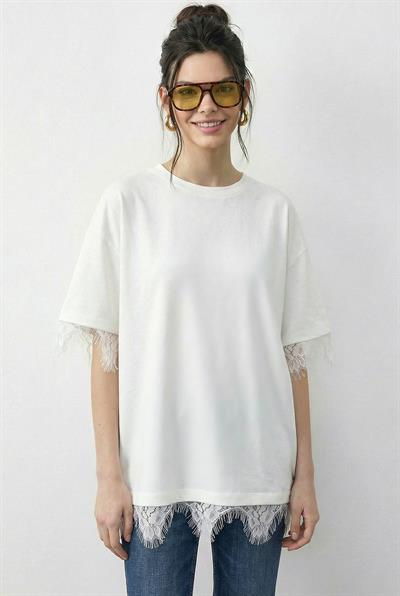 Kadın Dantel Detaylı Bisiklet Yaka Oversize T-Shirt 1046 60283955 - Beyaz