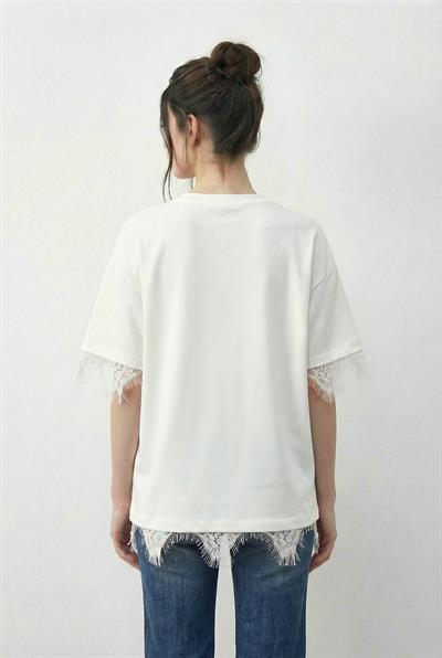 Kadın Dantel Detaylı Bisiklet Yaka Oversize T-Shirt 1046 60283955 - Beyaz