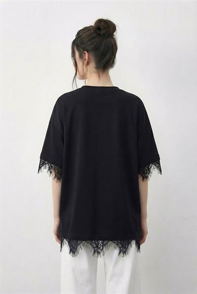 Kadın Dantel Detaylı Bisiklet Yaka Oversize T-Shirt 1046 60283955 - Siyah