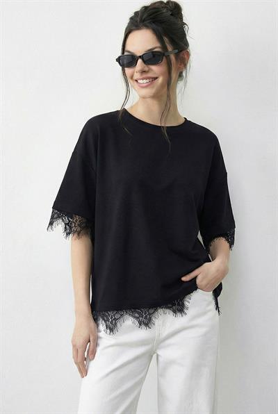 Kadın Dantel Detaylı Bisiklet Yaka Oversize T-Shirt 1046 60283955 - Siyah