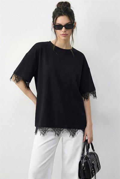 Kadın Dantel Detaylı Bisiklet Yaka Oversize T-Shirt 1046 60283955 - Siyah