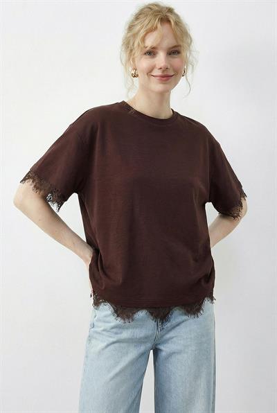 Kadın Dantel Detaylı Bisiklet Yaka Oversize T-Shirt 1046 60283955 - Kahverengi