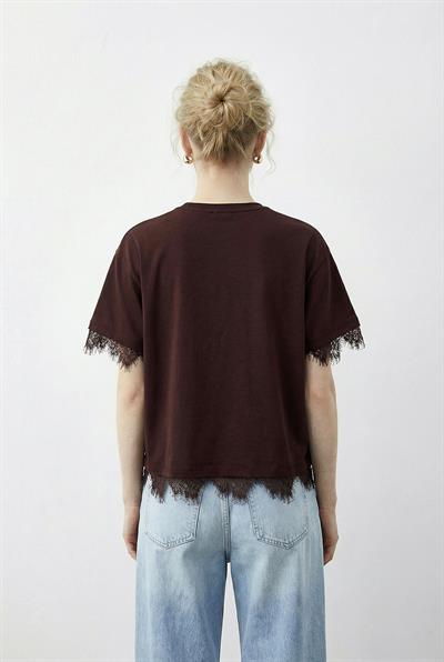 Kadın Dantel Detaylı Bisiklet Yaka Oversize T-Shirt 1046 60283955 - Kahverengi