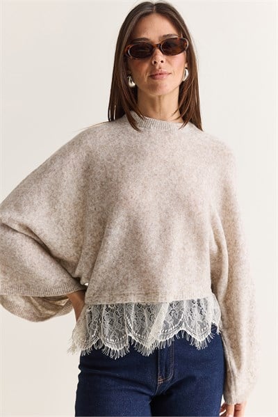 Kadın Dantel Detaylı Bisiklet Yaka Yarasa Kol Oversize Triko Kazak TK261116 60286725 - Bej