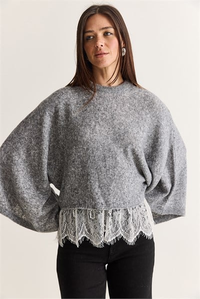 Kadın Dantel Detaylı Bisiklet Yaka Yarasa Kol Oversize Triko Kazak TK261116 60286725 - Gri
