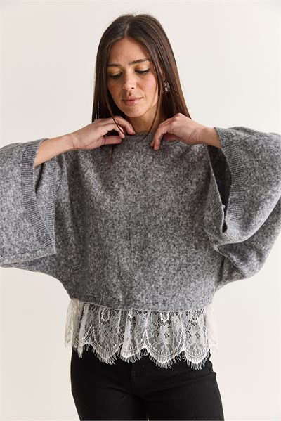 Kadın Dantel Detaylı Bisiklet Yaka Yarasa Kol Oversize Triko Kazak TK261116 60286725 - Gri