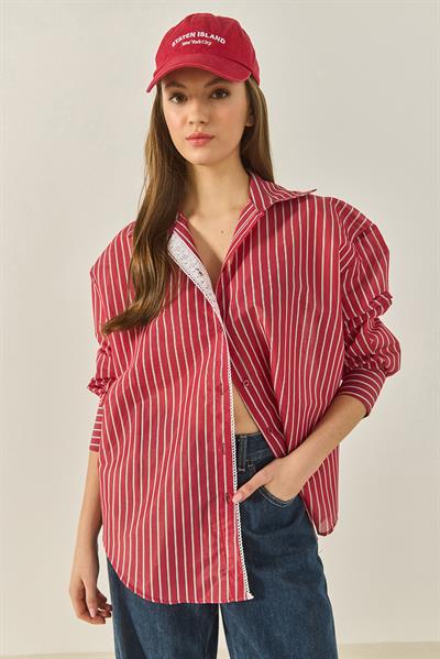 Kadın Dantel Detaylı Çizgili Oversize Modal Gömlek 4792  60281050 - Kırmızı