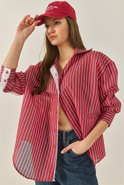Kadın Dantel Detaylı Çizgili Oversize Modal Gömlek 4792  60281050 - Kırmızı