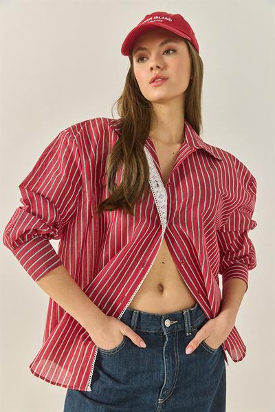 Kadın Dantel Detaylı Çizgili Oversize Modal Gömlek 4792  60281050 - Kırmızı