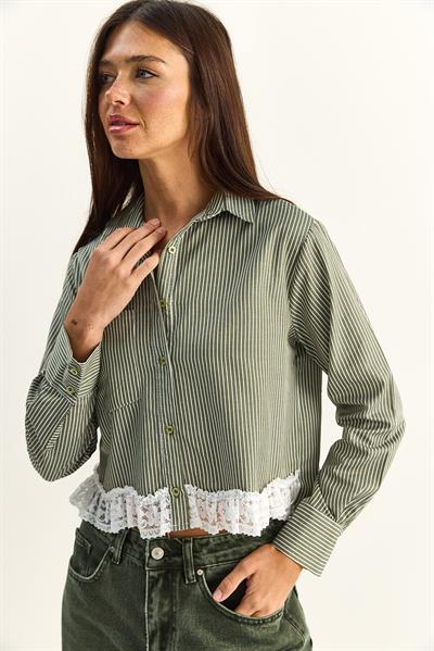 Kadın Dantel Detaylı Çizgili Poplin Crop Gömlek DG261023 60286099 - Haki