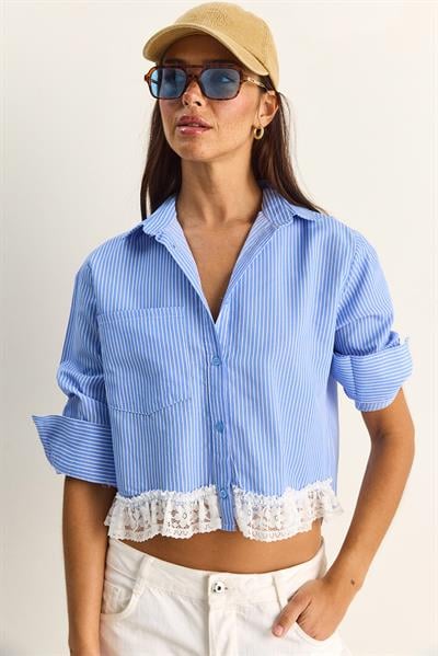 Kadın Dantel Detaylı Çizgili Poplin Crop Gömlek DG261023 60286099 - Mavi
