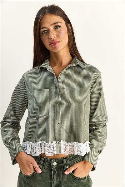 Kadın Dantel Detaylı Çizgili Poplin Crop Gömlek DG261023 60286099 - Haki