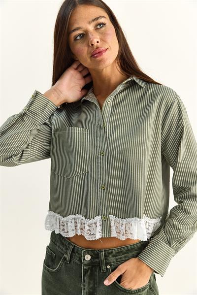 Kadın Dantel Detaylı Çizgili Poplin Crop Gömlek DG261023 60286099 - Haki