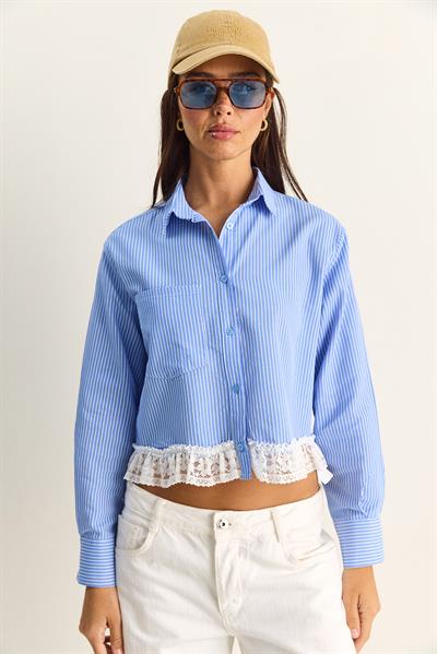 Kadın Dantel Detaylı Çizgili Poplin Crop Gömlek DG261023 60286099 - Mavi