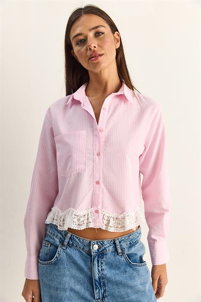 Kadın Dantel Detaylı Çizgili Poplin Crop Gömlek DG261023 60286099 - Pembe