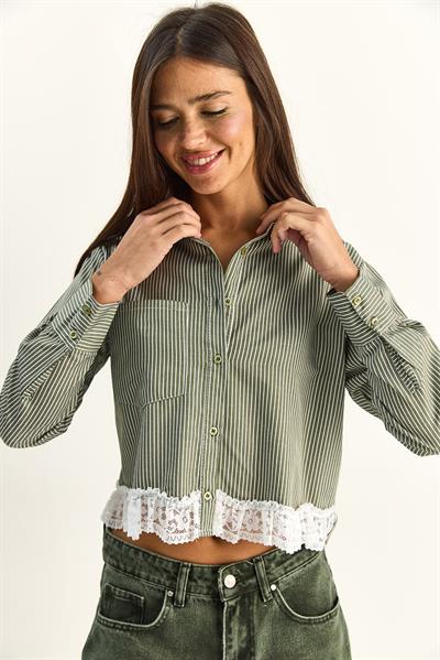 Kadın Dantel Detaylı Çizgili Poplin Crop Gömlek DG261023 60286099 - Haki