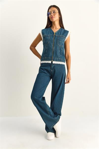 Kadın Dantel Detaylı Denim Yelek ve Wide Leg Pantolon Denim Takım 8210 60286153 - Lacivert
