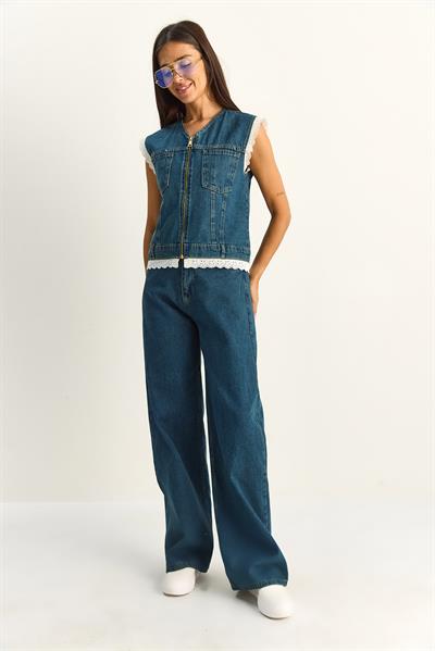 Kadın Dantel Detaylı Denim Yelek ve Wide Leg Pantolon Denim Takım 8210 60286153 - Lacivert