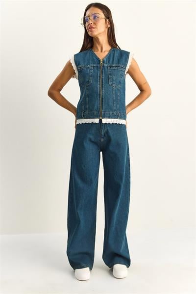 Kadın Dantel Detaylı Denim Yelek ve Wide Leg Pantolon Denim Takım 8210 60286153 - Lacivert
