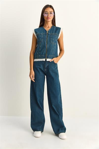 Kadın Dantel Detaylı Denim Yelek ve Wide Leg Pantolon Denim Takım 8210 60286153 - Lacivert